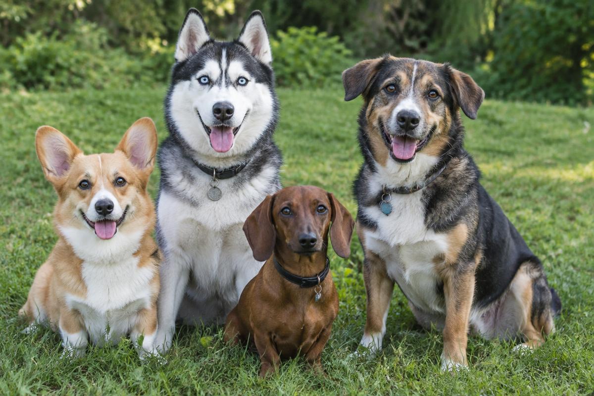 Corgi, husky, dachshund and mixed-breed dog sitting together on grass
