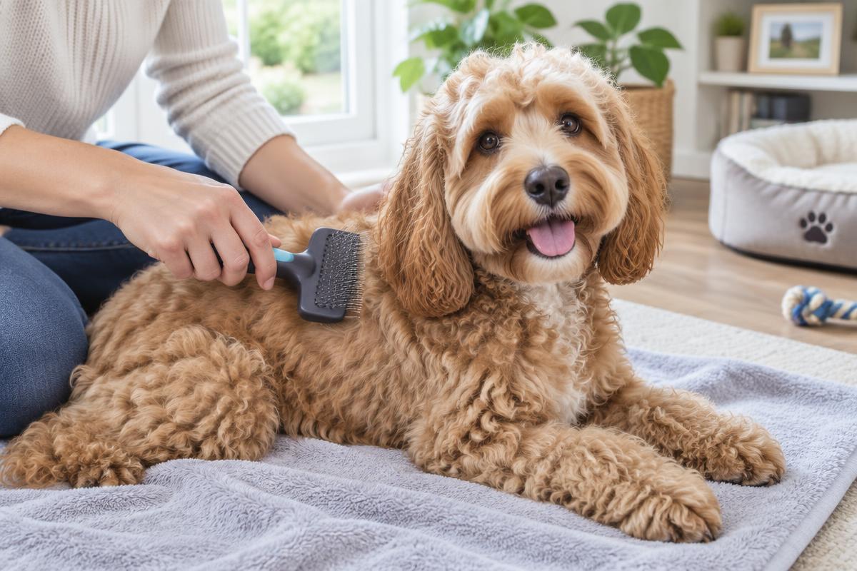 Curly-coated cockapoo being brushed on a towel at home
