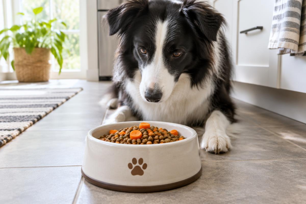 Border collie lying beside a ceramic bowl of kibble and carrot slices