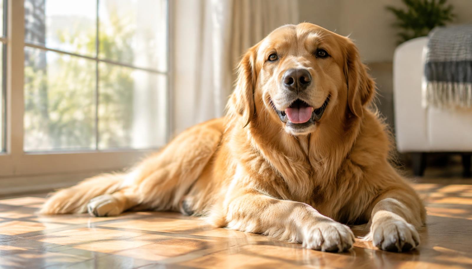 Happy golden retriever lying in the sun on a wooden floor